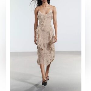 Zara Beige Beaded Sequin Midi Dress